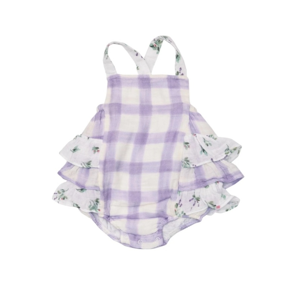 Angle Dear - Lavender Rose + Gingham Ruffle Sunsuit w/ Hat